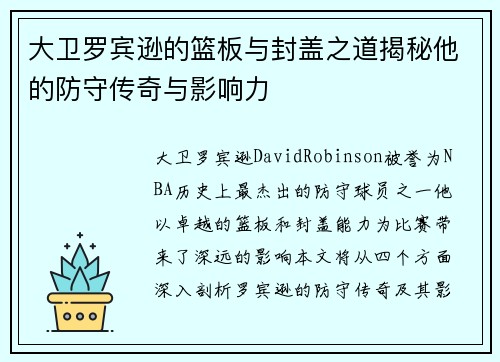 大卫罗宾逊的篮板与封盖之道揭秘他的防守传奇与影响力